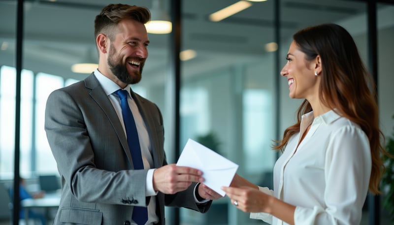 A manager presents a personalized recognition envelope to a team member in a bright office setting, celebrating a shared milestone.